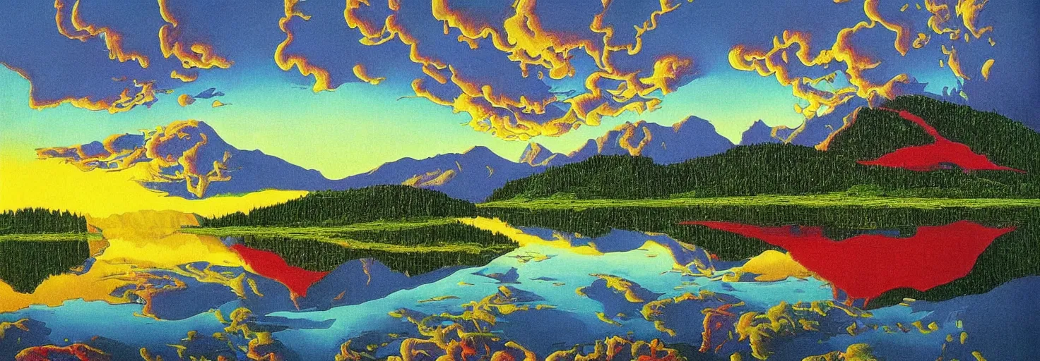 Prompt: escher painting of a lake, big trees reflecting on lake surface, mountains at background, fluffy clouds, sunset, yellow, green, red, snowy, ultra sharp, ultra detailed, cyberpunk, happy, uplifting, colorized by salvador