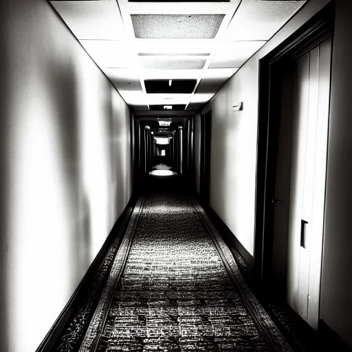 Prompt: liminal space, low light, hotel hallway, empty, abandoned, spooky, low light, long hallways