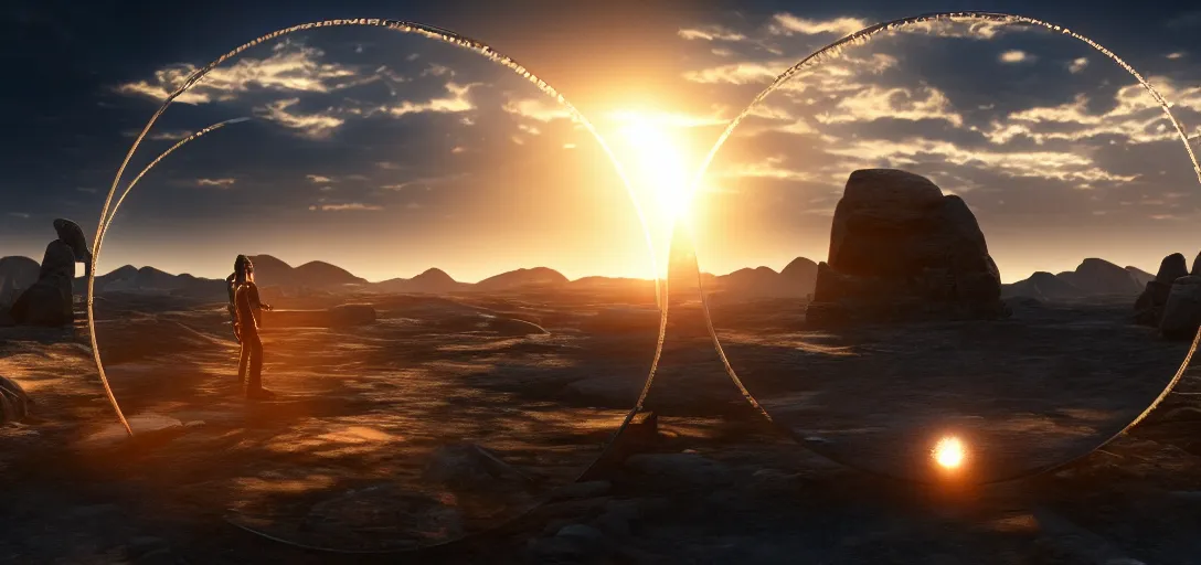 Prompt: stargate made of metal that form a circle and opens a portal to texas, cinematic view, epic sky highly detailed single ray of golden sunlight, beautiful, cgssociety, artstation, 8 k