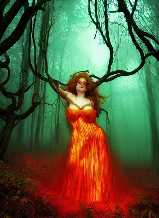 Image similar to junoesque curvaceous fey queen, vine dress, glowing forest, strong line, eerie color, beautiful! coherent! by mariusz lewandowski