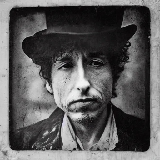 Prompt: wet plate photograph, bob dylan, victorian era boiler room, coal dust, distressed, burnt, realistic