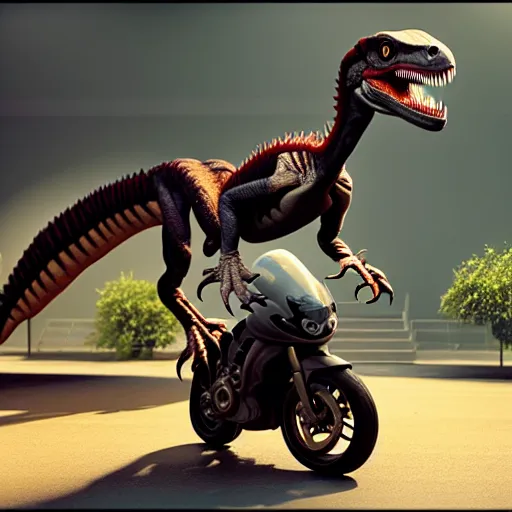 Prompt: a velociraptor riding a motorbike, photorealistic 3 d octane render, unreal engine, make it look like it was made by dall - e 2