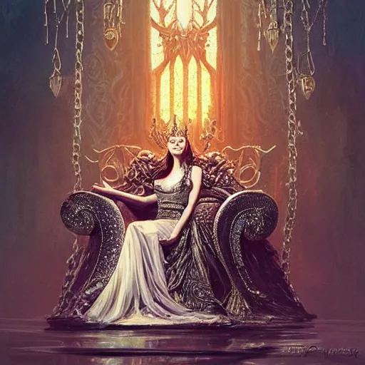 Image similar to a queen is sitting on her throne dressed in chains, beautiful highly detailed face, complementary lighting, backlit, black eyeshadow, grinning, adventure, dramatic lighting, landscape background, beautiful painting by artgerm and greg rutkowski and raymond swanland