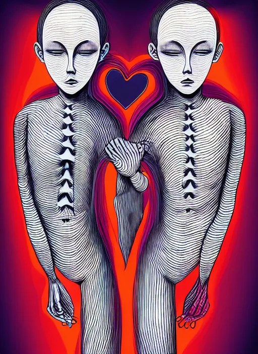 Image similar to 1 px color ink art by junji ito, perfectly centered symmetrical balanced male and female portrait of man and woman in love sharing one heart. high coherence ; fractal geometrical 8 k ultra hd