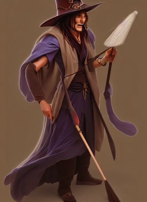 Image similar to elegant fantasy wizard based on johnny depp holding a broom natural lighting, path traced, highly detailed, high quality, digital painting, by don bluth and ross tran and studio ghibli and alphonse mucha, artgerm