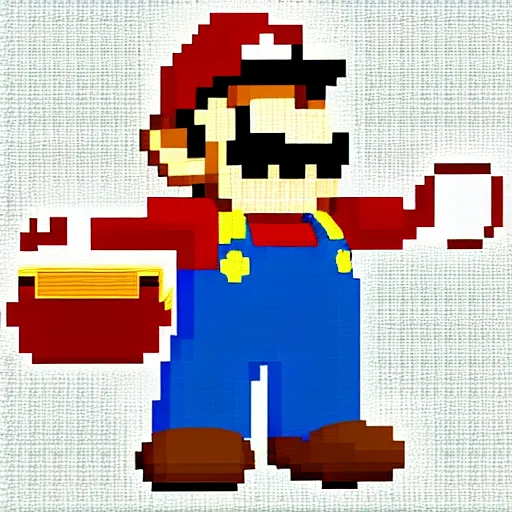 Prompt: Super Mario with pizza for eyes, 8-bit digital art