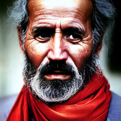 Prompt: portrait of president martin ban biden as afghan man, green eyes and red scarf looking intently, photograph by steve mccurry