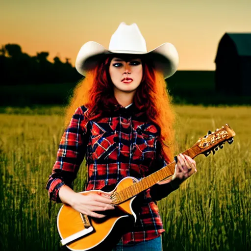 Image similar to a female fluffy anthropomorphic fox animal, wearing cowboy hat, wearing plaid shirt, playing guitar, in a field, barn in background, album cover style