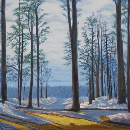 Prompt: a painting of a snowy forest with trees, an acrylic painting by Ray Crooke, metropolitan museum, contest winner, american scene painting, detailed painting