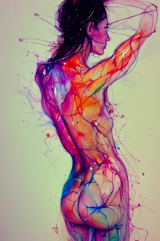 Image similar to sophia vergara by agnes cecile enki bilal moebius, intricated details, 3 / 4 back view, bendover posture, full body portrait, extremely luminous bright design, pastel colours, drips, autumn lights