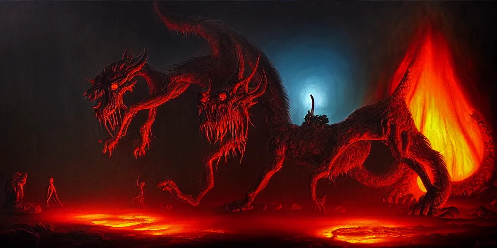 Image similar to mythical creatures and monsters at the mouth of hell, dramatic lighting glow from giant fire, in a dark surreal painting by ronny khalil