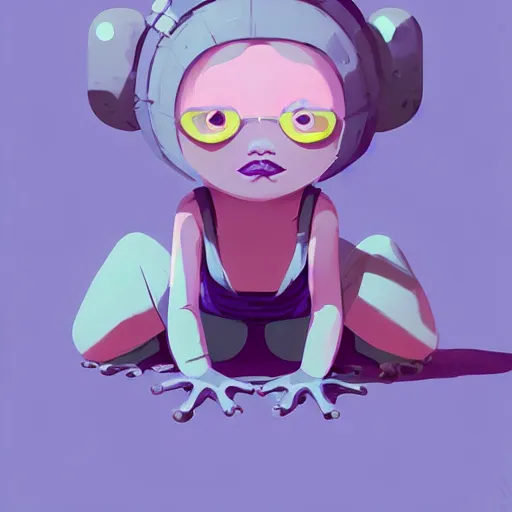 Prompt: portrait cute purple female frog princess by atey ghailan, by greg rutkowski, by simon stalenhag, by greg tocchini, by james gilleard, by joe fenton, by kaethe butcher dynamic lighting, gradient light blue, brown, blonde cream and white color scheme, grunge aesthetic