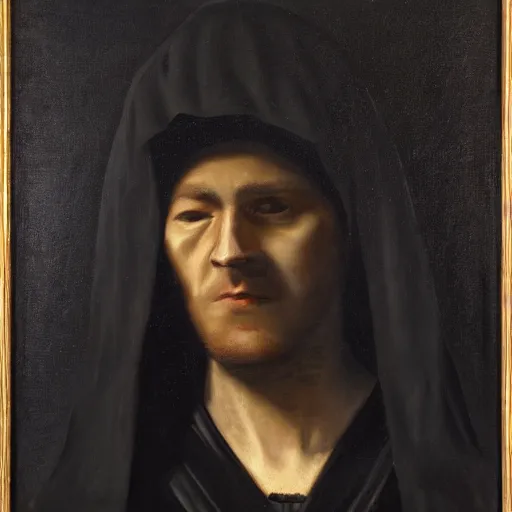 Image similar to a portrait of a man wearing black hood and robes, shadows covering face, ominous, dark, oil painting