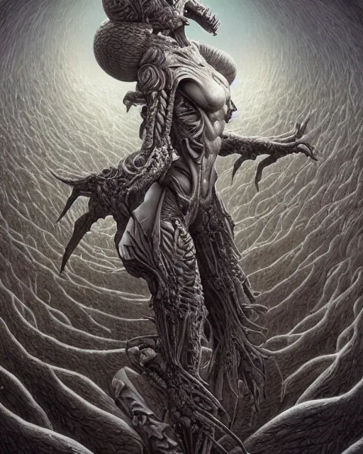 Image similar to death is swallowed up in victory, very detailed and beautiful womans face, screaming with fear, artwork by artgerm, centered shot, wide angle, full body, elfpunk, artwork by naoto hattori, giger, landscape art by john howe