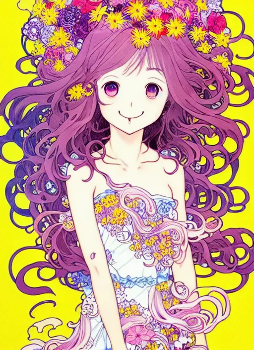 Image similar to exquisite imaginative manga poster art of a smiley girl, long wavy hair, flowers, rococo dress, dove, shimmering, by kojima ayami, shigenori soejima, minaba hideo, alphonse mucha, jump comics, shogakukan, art nouveau, illustration, artstation, highly detailed, 8 k, fluorescent, maximalist