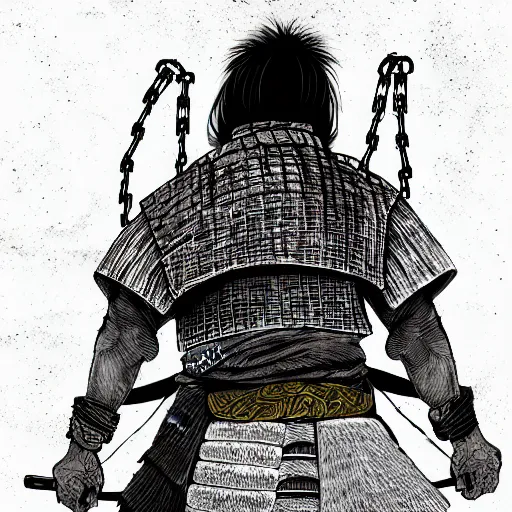 Image similar to a portrait from behind of a samurai man vagabond that holds chains, detailed, illustration, concept art, ink style, sketch