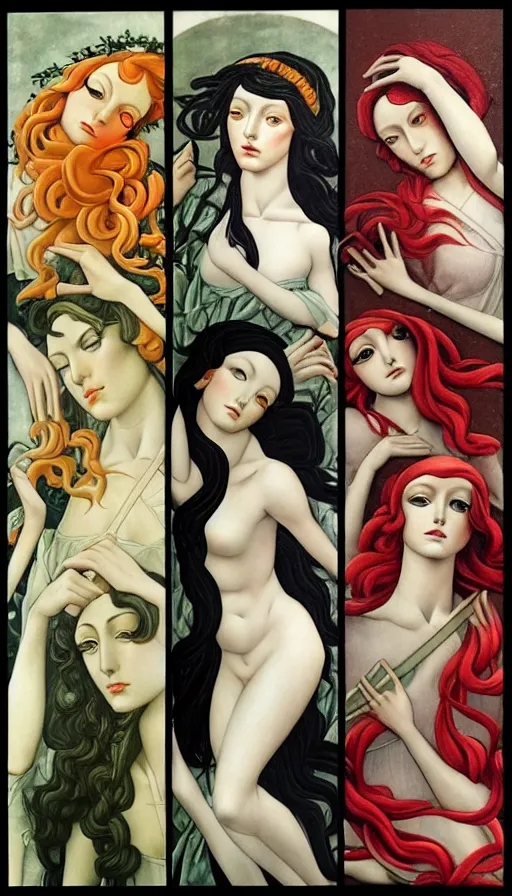 Image similar to 12 figures, representing the 4 seasons, (3 are Winter, 3 are Spring, 3 are Summer and 3 are Autumn), in a mixed style of Botticelli and Æon Flux!!, inspired by pre-raphaelite paintings, shoujo manga, and cyberpunk, stunningly detailed, stunning inking lines, flat colors, 4K photorealistic