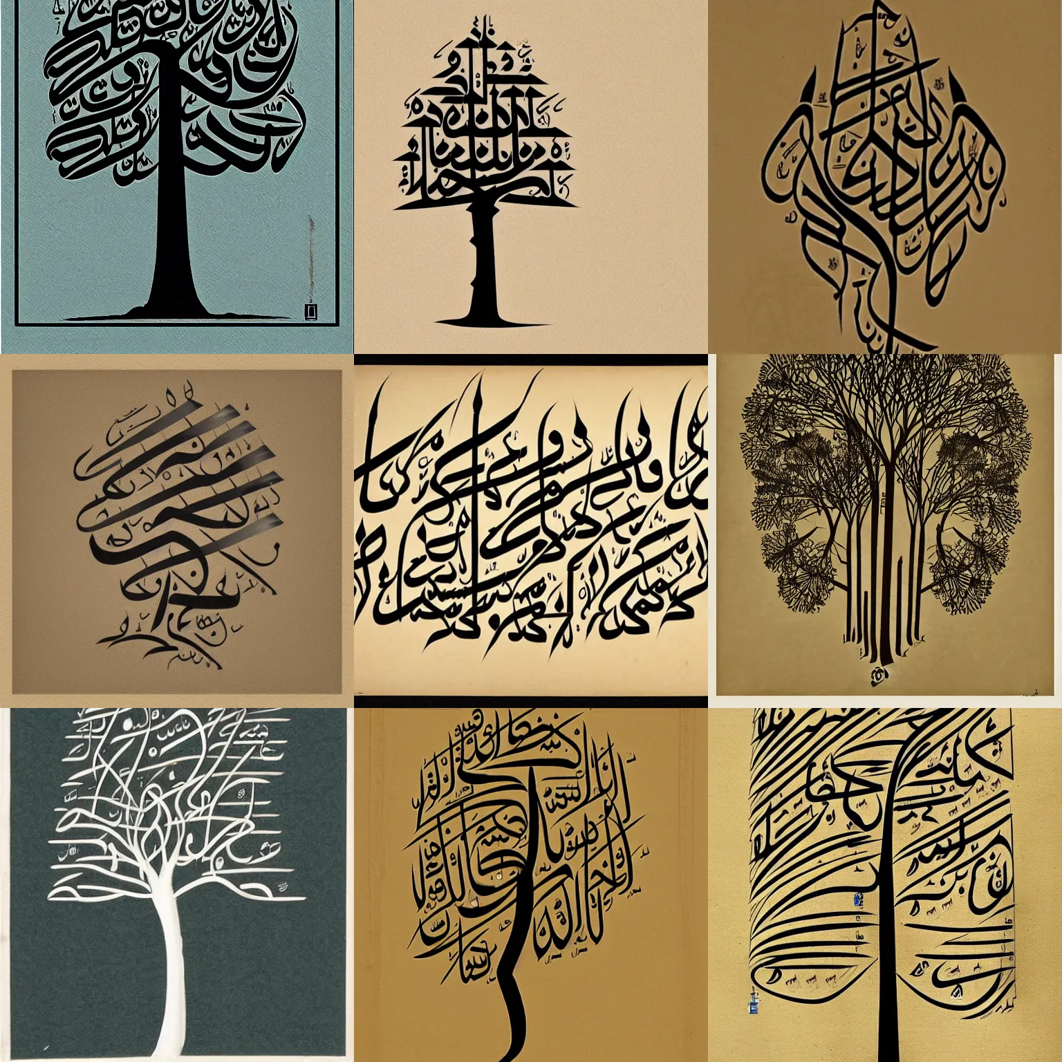 Prompt: the silhouette of a symmetrical pine tree as arabic calligraphy by thuluth jali