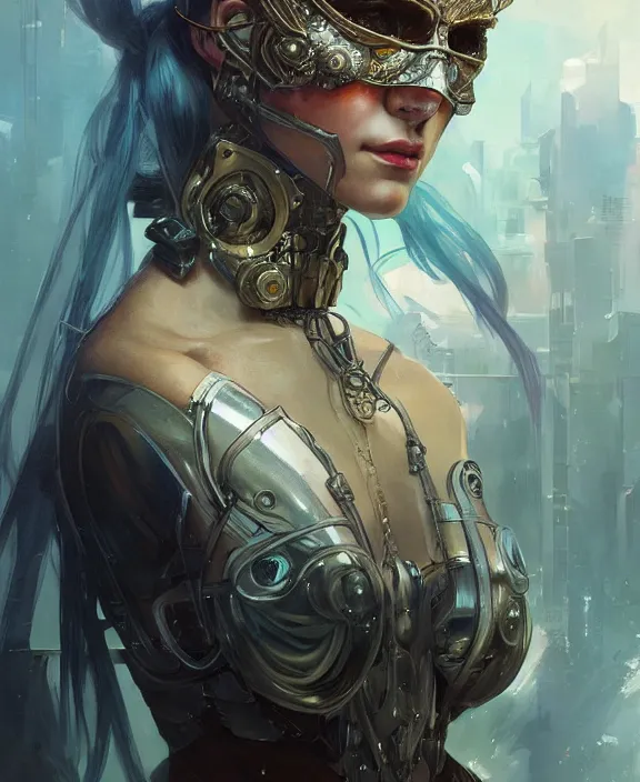 Prompt: portrait of a cyberpunk masked goddess, half body, d & d, fantasy, intricate, elegant, highly detailed, digital painting, artstation, concept art, art by artgerm and greg rutkowski and alphonse mucha