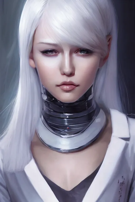 Prompt: a portrait of a scientist android girl with silver hair wearing white suit by artgerm and wlop and krenz cushart, painterly