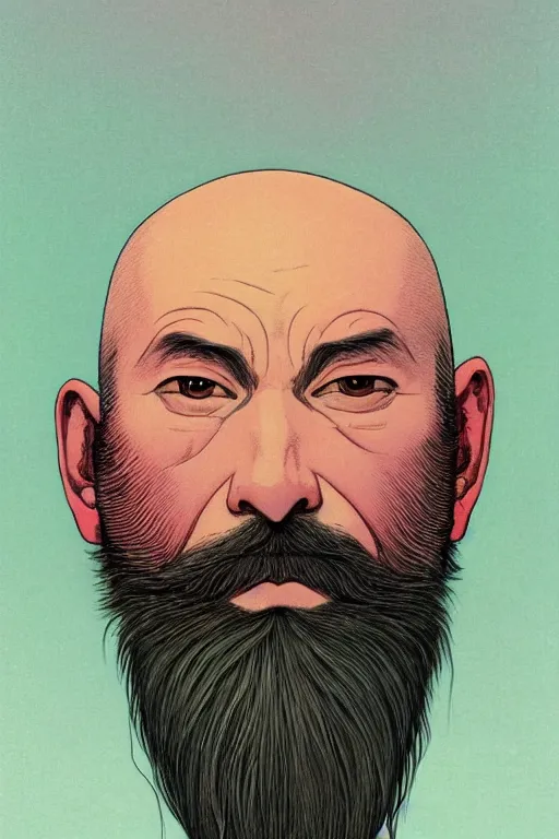 Image similar to a colorful closeup portrait of a handsome bald man with a very long wild beard dreaming psychedelic hallucinations in the vast icy landscape of antarctica, by kawase hasui, moebius and edward hopper, colorful flat surreal design, hd, 8 k, artstation