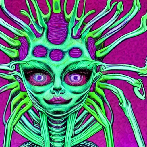 Image similar to closeup of an adorable cyber demoness, cute, eldritch woman abomination of unimaginable horror by alex grey and junji ito, speculative evolution, psychedelic illustration