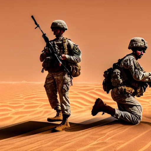 Image similar to two soldiers are combing the desert using a large comb, high definition, beautiful award winning photography, 8 k.