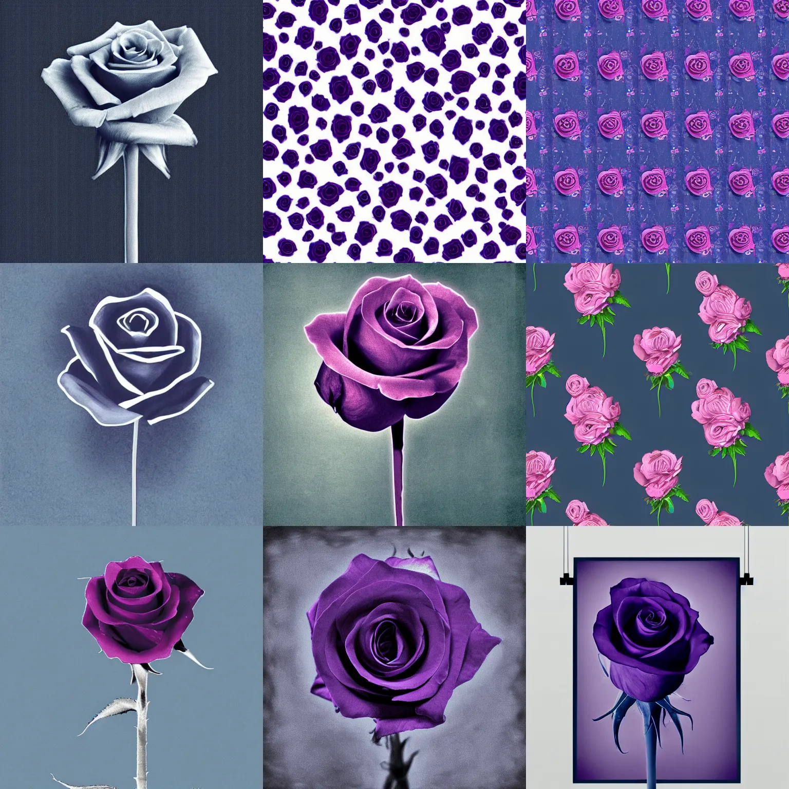 Prompt: single long stem rose x-ray silloutte out on dark blue purple background, grainy vintage
