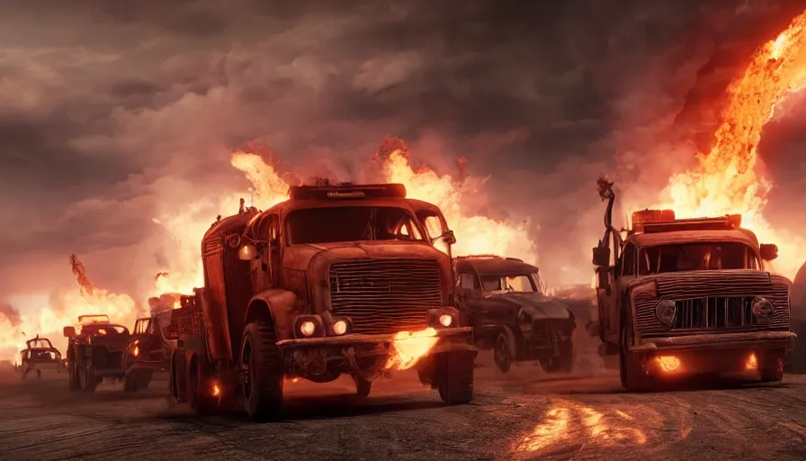 Prompt: Flaming trucks racing in Mad Max, hyperdetailed, artstation, cgsociety, 8k