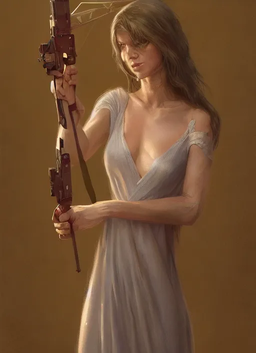 Image similar to upper body portrait of a beautiful maiden in a nightgown holding a futuristic crossbow, award winning, masterpiece digital painting by greg rutkowski, alex grey, artstation, 4 k wallpaper,