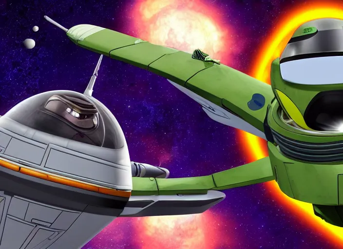 Image similar to buzz light - year flying a viper mk 2 into the death star