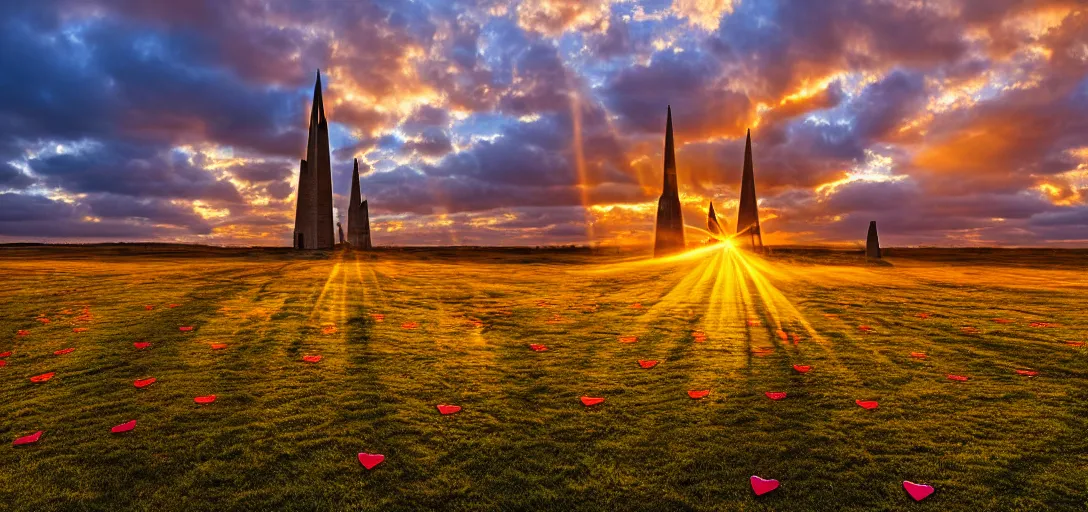 Prompt: a photograph of a beautiful landscape at sunset with lines of love hearts dancing towards a central spire, nikon d 8 5 0, golden hour, god rays