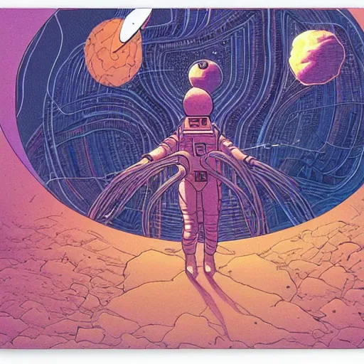 Image similar to astronaut meditating in front of an alien ethereal geometry, art by moebius