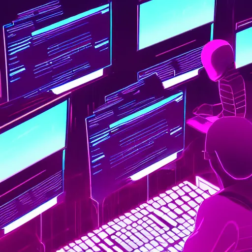 Prompt: hacker coding in front of a dozen screens, synthwave, concept art, digital illustration, highly detailed, 8 k wallpaper