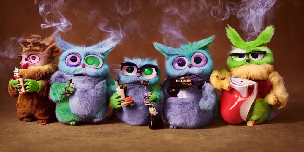 Image similar to a small group of furbies smoking cannabis!!!!! furbies with bongs!! smoking pipes!! and joints!!, smoke! fills the air of a small room, studio lighting, photograph