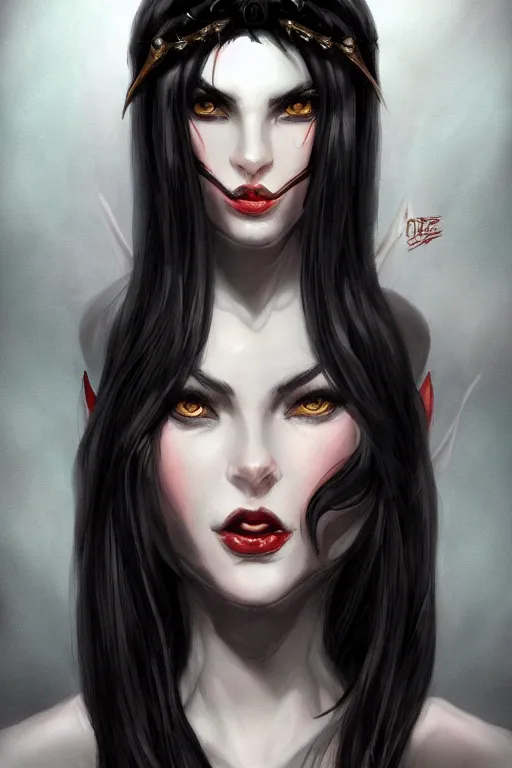Prompt: female succubus with black hair and amber eyes bust portrait, dnd, fantasy, intricate, elegant, highly detailed, digital painting, artstation, concept art, smooth, sharp focus, illustration, art narcisse navarre