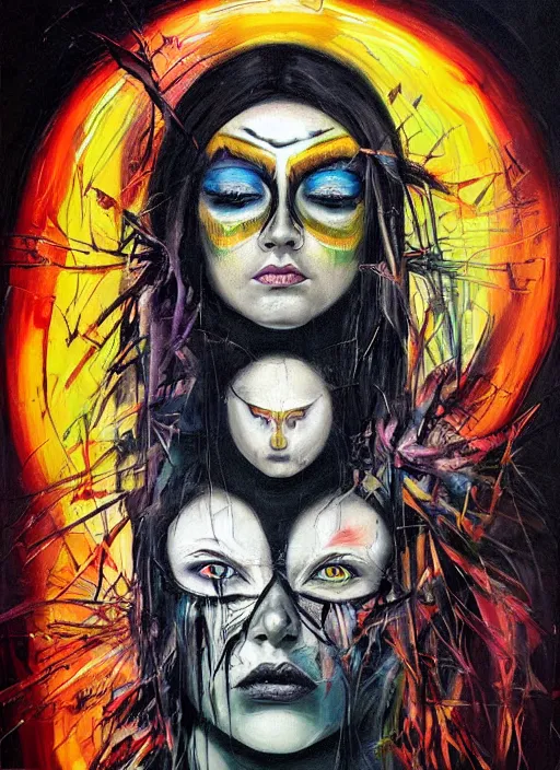 Image similar to enlightened magic cult psychic woman, painted face, third eye, energetic consciousness psychedelic, epic surrealism expressionism symbolism, story telling, iconic, dark robed, oil painting, symmetrical face, dark myth mythos, by sandra chevrier, joan mitchell monochromatic masterpiece