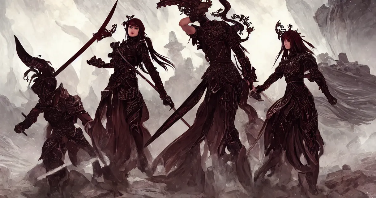 Image similar to evilly knights of zodiac girl + smoky eyes, black and reddish color armor, sword and katana fighting in ruined agora of athens fallen night, ssci - fi and fantasy, intricate and very very beautiful and elegant, highly detailed, digital painting, artstation, concept art, smooth and sharp focus, illustration, art by tian zi and wlop and alphonse mucha