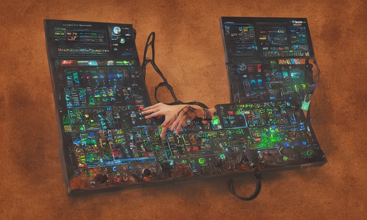 Image similar to techno shaman with digital drum machine, photorealistic