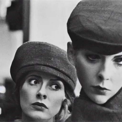 Image similar to still from a masterpiece 1 9 6 0 s french art film, very beautiful and elegant girl in beret with large eyebrows with an angry expression, moody lighting, viewed from afar, cinematic shot, the camera is focused on her conversation with a man, the movie is in color