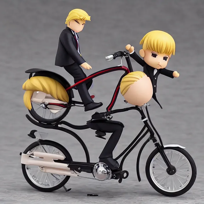 Image similar to donald trump, an anime nendoroid of donald trump riding a bike, figurine, detailed product photo