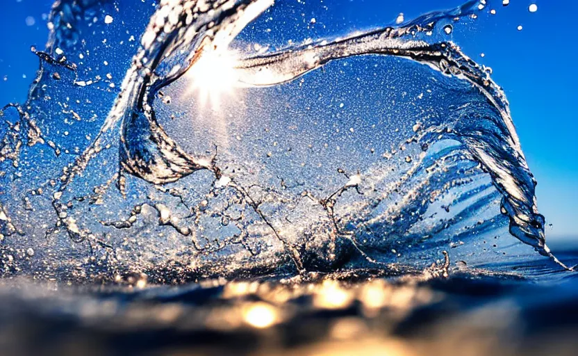 Prompt: high - speed extreme close - up photography curling ocean wave catching the sunlight and breaking with water spray, blue sky