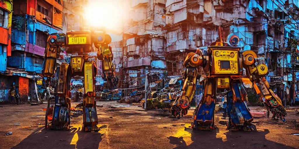 Image similar to colourful - damaged - giant mecha ROBOT of neon lit AJEGUNLE SLUMS of Lagos, markings on robot, Golden Hour,