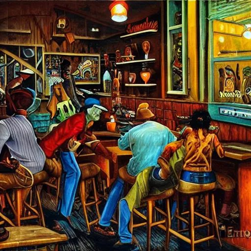 Image similar to louisiana bayou juke joint interior by ernie barnes