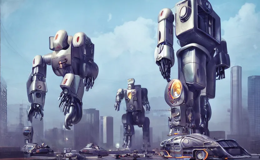 Image similar to berlin after the invasion of gigantic human - like robots, artstation hq, stylized, symmetry, modeled lighting, expressive, retro futurism, studio photo refined, highly detailed, hyper realistic, photo realistic metal render