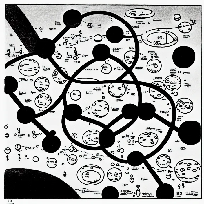 Image similar to a still frame from comic strip, a chemistry molecule model 1 9 5 0, herluf bidstrup, new yorker illustration, monochrome contrast bw, lineart, manga, tadanori yokoo, simplified,