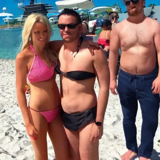 Image similar to photo of a 4 0 year old man that looks young for his age dating a very attractive 2 2 year old woman wearing a bikini. his wife is visibly upset in the background. lol