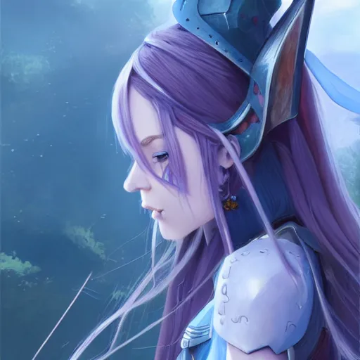 Image similar to an elf girl with pale grey skin with blues and long purple hair, wearing armor, highly detailed, digital painting, artstation, matte, by makoto shinkai, animation style