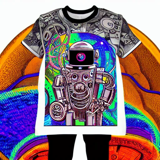 Prompt: mockup of a black tshirt with a hyperdetailed portrait of a steampunk robot by robert crumb, 8 k, symetrical, flourescent colors, happy trippy mood, multicolored,