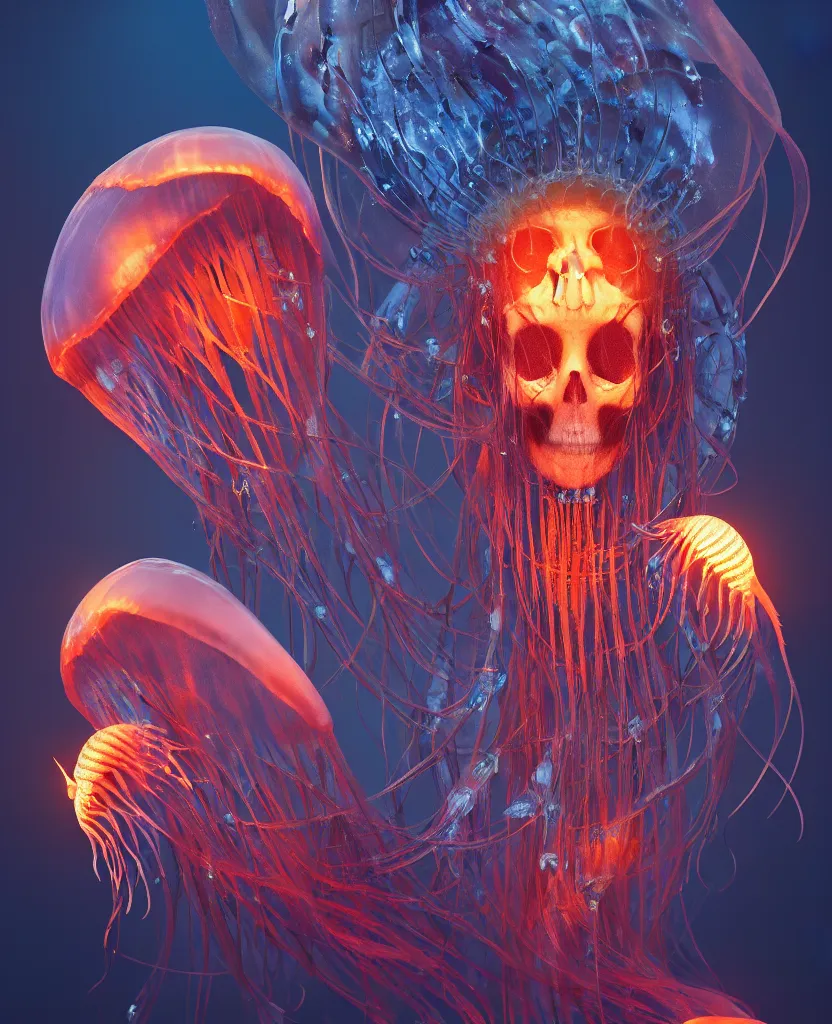 Prompt: queen of death portrait. jellyfish phoenix head, nautilus, butterfly, skull, ice and fire, bioluminiscent creatures, intricate artwork by Tooth Wu and wlop and beeple. octane render, trending on artstation, greg rutkowski very coherent symmetrical artwork. cinematic, hyper realism, high detail, octane render, 8k